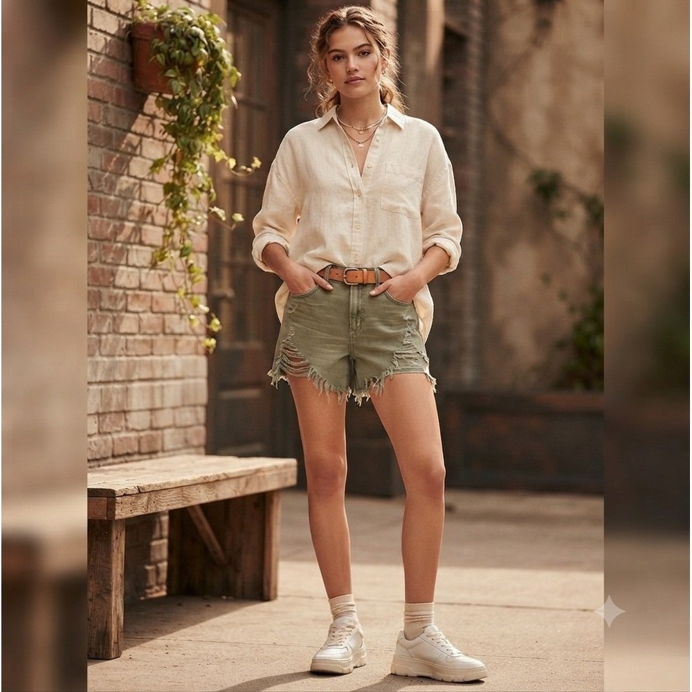 American Eagle Olive Green Distressed Denim Shorts High Waisted Size 2